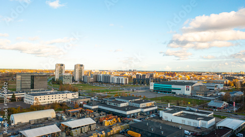 Aerial photo from drone to the modern district of Skanste in Riga. The Skanste district is also home to the large Arena Riga. Riga, Latvia (Series)