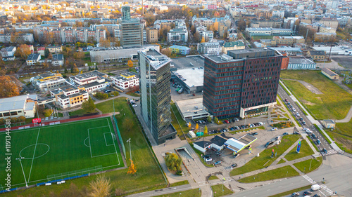 Aerial photo from drone to the modern district of Skanste in Riga. The Skanste district is also home to the large Arena Riga. Riga, Latvia (Series)