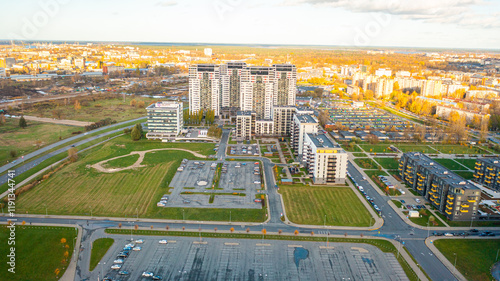 Aerial photo from drone to the modern district of Skanste in Riga. The Skanste district is also home to the large Arena Riga. Riga, Latvia (Series)