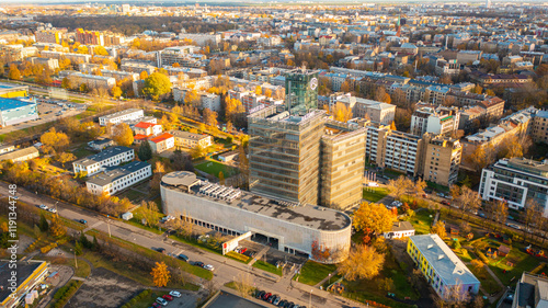 Aerial photo from drone to the modern district of Skanste in Riga. The Skanste district is also home to the large Arena Riga. Riga, Latvia (Series)