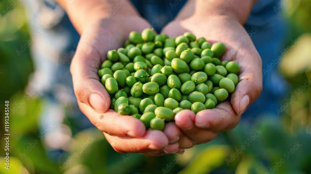 Farmer Holding Fresh Green Soybeans in Hands in Sunlit Field Farmer Holding Fresh Green Soybeans in Hands in Sunlit Field