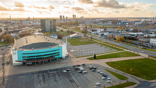 Aerial photo from drone to the modern district of Skanste in Riga. The Skanste district is also home to the large Arena Riga. Riga, Latvia (Series)