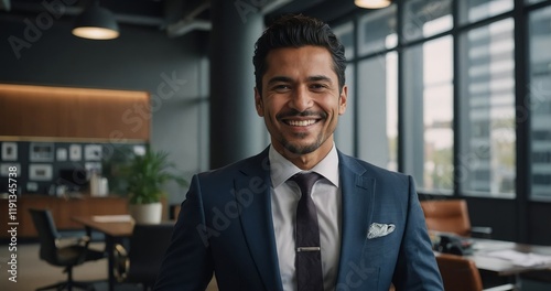 A confident Latino businessman in a tailored suit, standing tall in an office, smiling with a strong presence