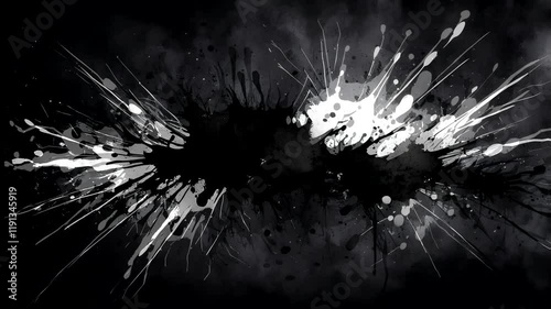 Abstract black and white paint splatter design with dynamic movement and texture.