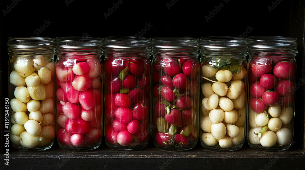 homemade pickled radish jars with pearl onions and mixed vegetables: home canning and food preservation techniques in mason and glass jars