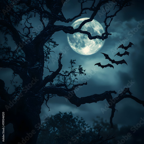 Spooky Halloween night scene with a full moon, silhouetted tree, and bats in flight.