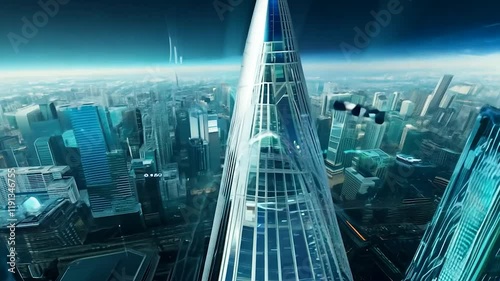 Futuristic Cityscape with Tall Skyscraper and Flying Vehicle