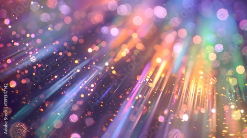 A dynamic array of overlapping rainbow-like light beams with a glossy finish and faint bokeh elements, set against a deep, gradient background