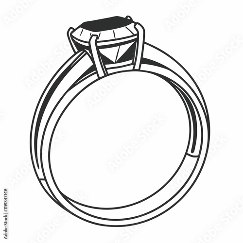 A detailed line drawing depicts a diamond ring with a solitaire setting