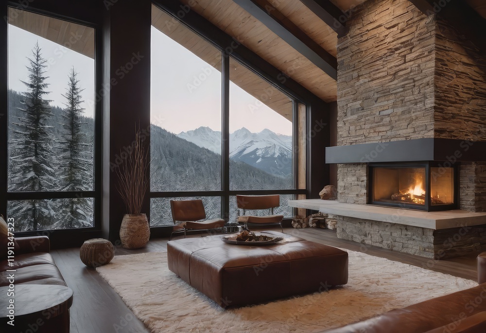 Fototapeta premium Cozy living room with a fireplace and majestic mountains behind