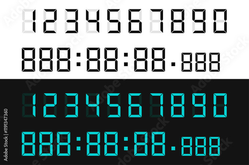 Set of monochrome digital numbers in vector illustration, ideal for clocks, scoreboards, and electronic displays.