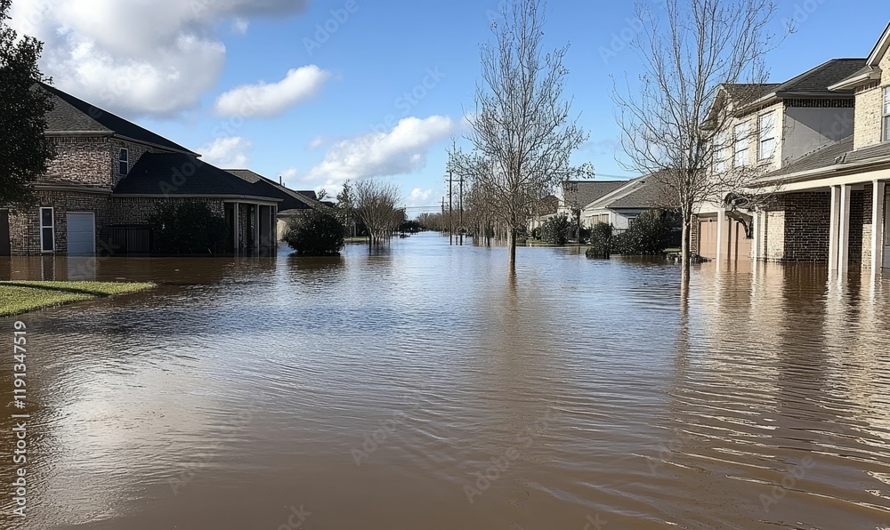 Flooded street, houses submerged, cloudy sky. Flooded street, houses submerged, cloudy sky.