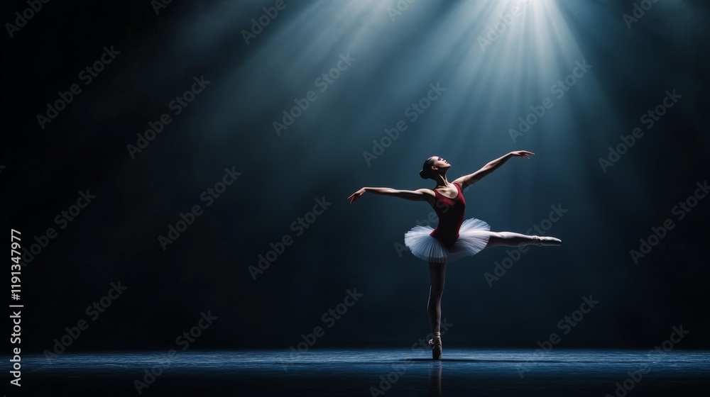 Graceful ballerina in a white tutu and red leotard gracefully performing a ballet dance move on a dark stage illuminated by dramatic lighting, creating a captivating and artistic scene Graceful ballerina in a white tutu and red leotard gracefully performing a ballet dance move on a dark stage illuminated by dramatic lighting, creating a captivating and artistic scene