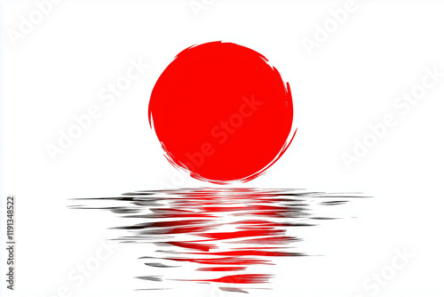 Abstract red sun over water in minimalist brush stroke style