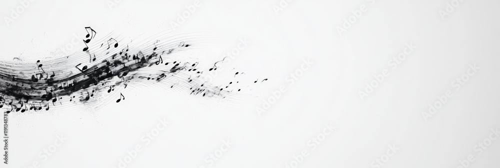 Obraz premium Black musical notes create a visually dynamic flow against a clean white backdrop, symbolizing the movement and energy of music, sound, or a melodic composition