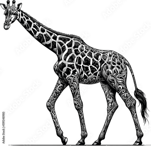 Giraffe Standing with Neck Stretched and Intricate Spot Patterns Vector Black Silhouette Cricut Design photo