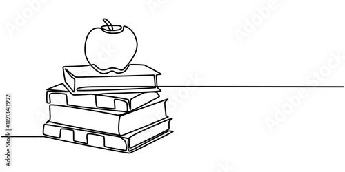 Vector continuous one single line drawing icon of books and an apple back to school concept in silhouette sketch on a white background. Linear stylized, Knowledge Is Power Continuous Line Illustration