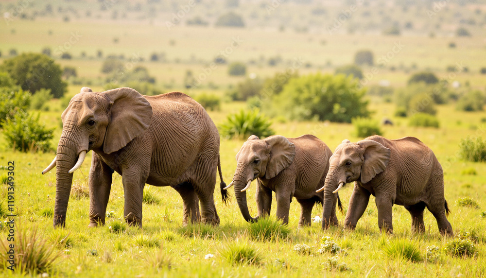 Obraz premium Elephants grazing peacefully in a meadow during morning light, family bond