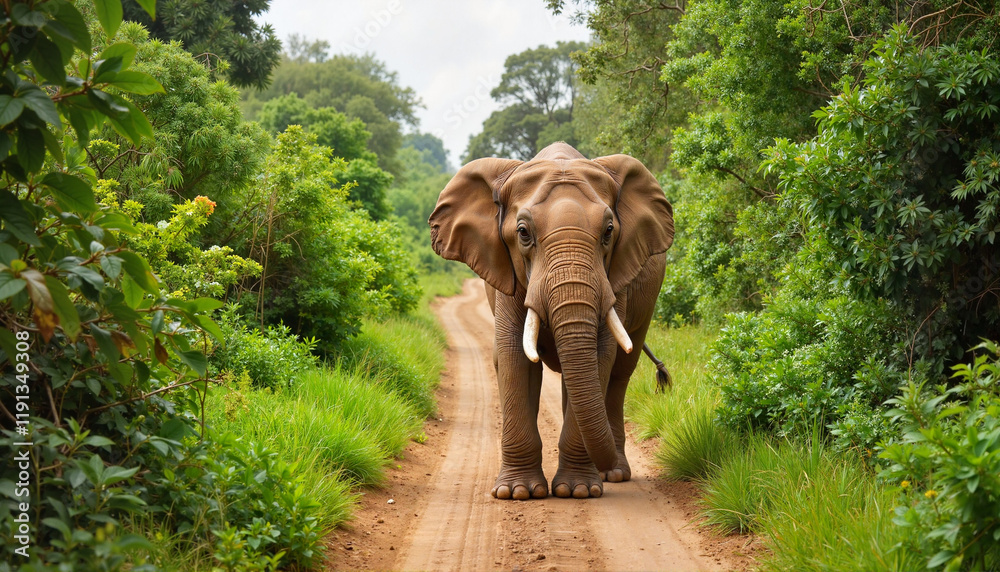 Fototapeta premium Majestic elephant walking through jungle trail, nature's harmony