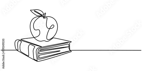 Vector continuous one single line drawing icon of books and an apple back to school concept in silhouette sketch on a white background. Linear stylized, Knowledge Is Power Continuous Line Illustration