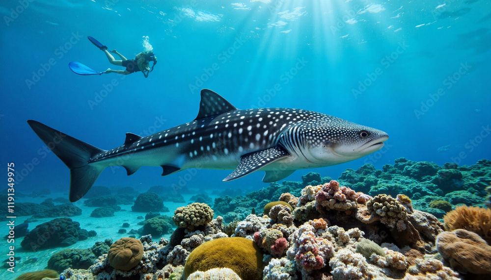 Whale shark swimming near vibrant coral reef in tropical waters, ocean giants Whale shark swimming near vibrant coral reef in tropical waters, ocean giants