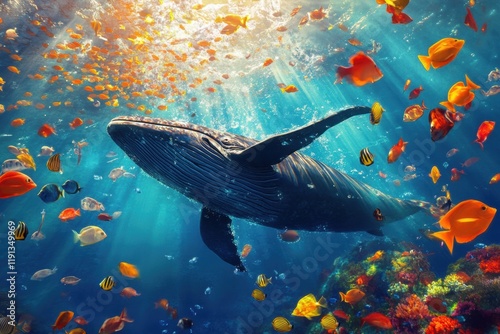 Majestic whale swims gracefully through vibrant school of fish in colorful ocean waters. Generative AI