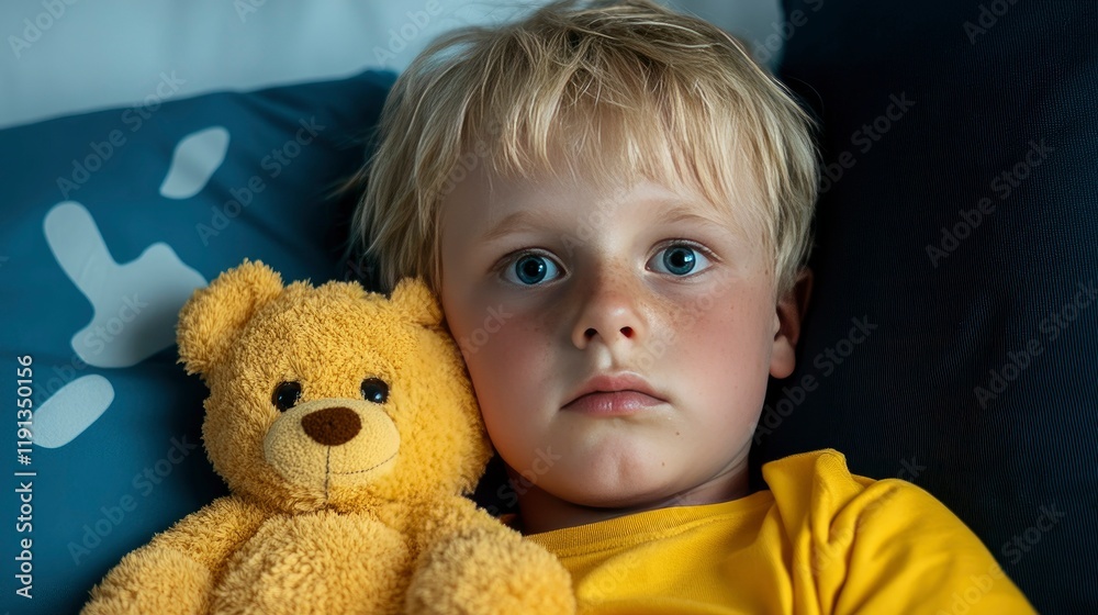 Young Boy with Teddy Bear in Bed at Night Young Boy with Teddy Bear in Bed at Night