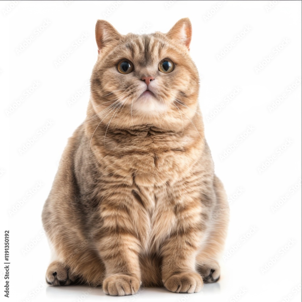 Fototapeta premium Chubby british shorthair cat on white studio background