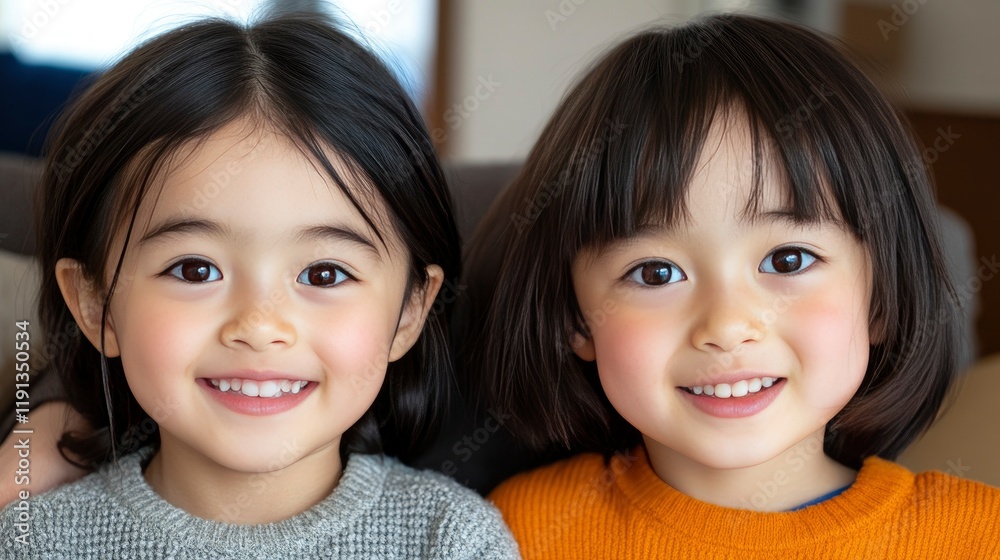 Adorable Twin Girls Smiling Together, Happy Childhood Portrait Adorable Twin Girls Smiling Together, Happy Childhood Portrait