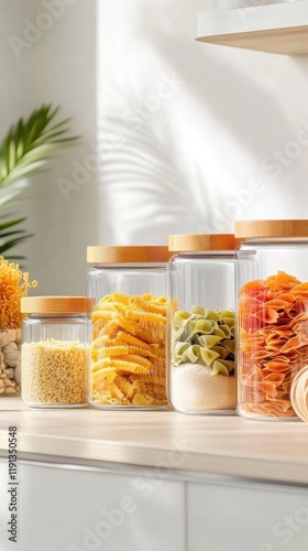 Colorful pasta displayed in stylish glass containers with bamboo lids in a bright kitchen
