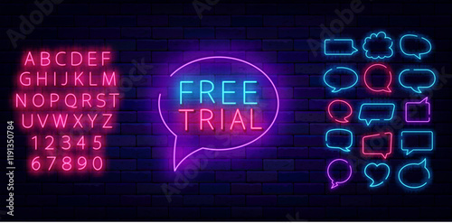 Free trial neon label in speech bubble. Cloud frames collection. Shiny pink alphabet. Vector stock illustration