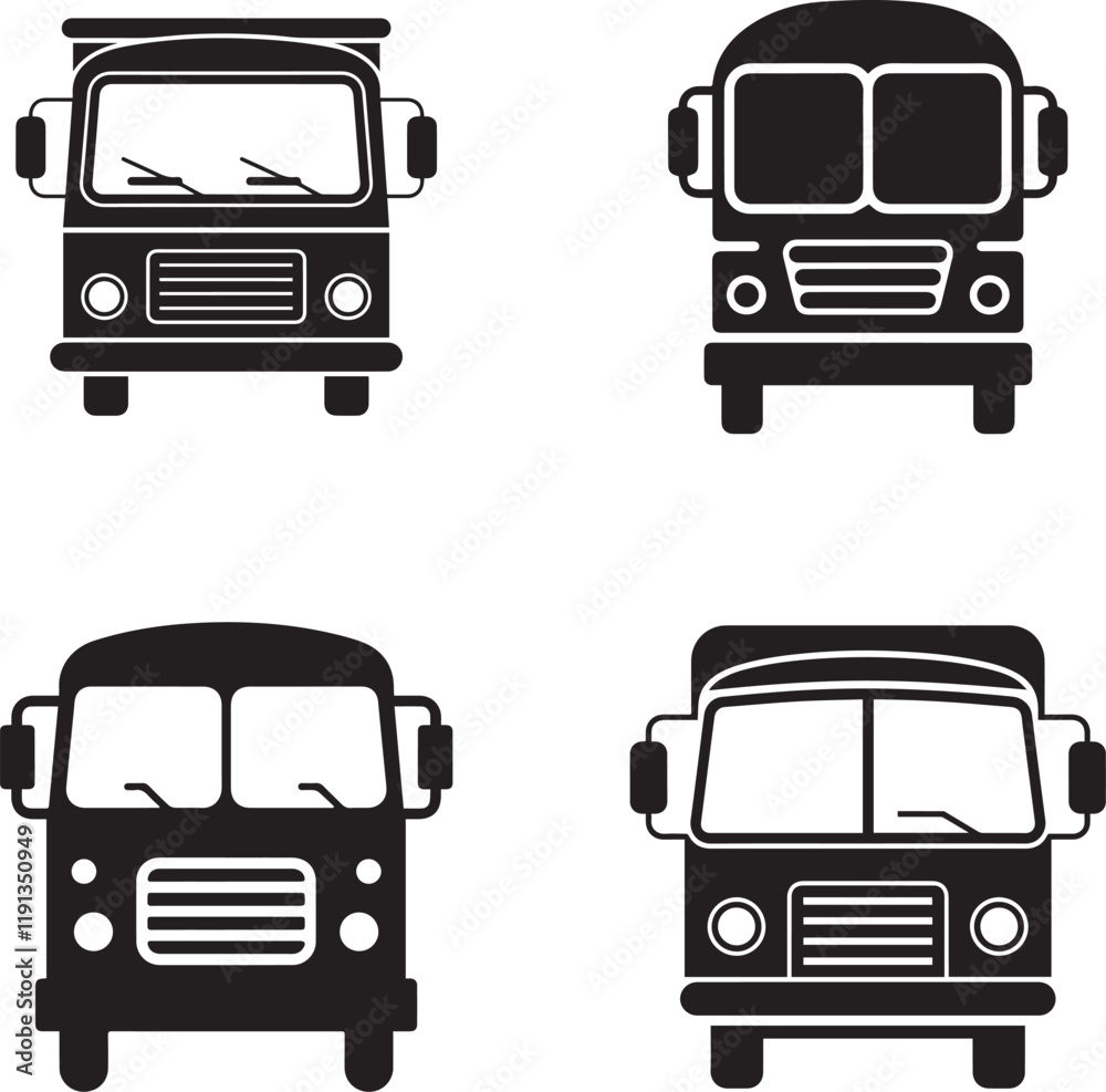 Minimalist Vector Set of 4 Bus Silhouette Designs – Stylish and Modern Transportation Graphics Minimalist Vector Set of 4 Bus Silhouette Designs – Stylish and Modern Transportation Graphics