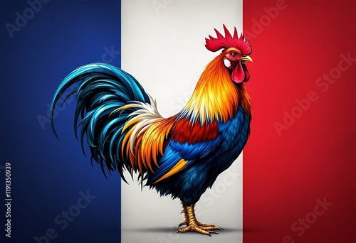 Majestic French Rooster: Vibrant Plumage against Tricolore