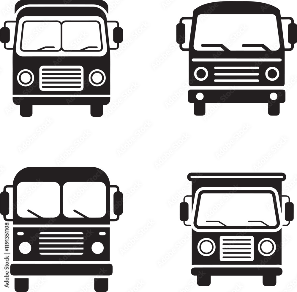 Minimalist Vector Set of 4 Bus Silhouette Designs – Stylish and Modern Transportation Graphics Minimalist Vector Set of 4 Bus Silhouette Designs – Stylish and Modern Transportation Graphics