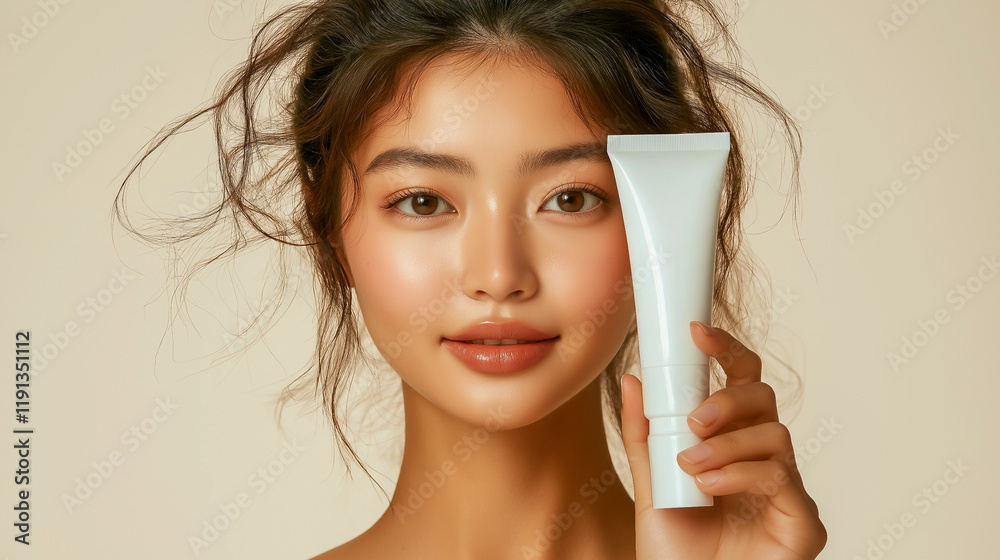 A girl holds a tube of skin care products in her hands. Cosmetic products. A girl holds a tube of skin care products in her hands. Cosmetic products.