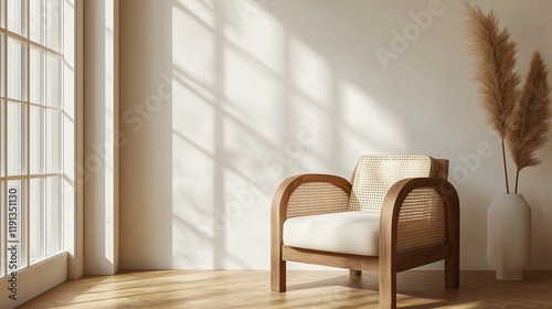 Cozy winter room with a large window revealing a snowy landscape  soft natural light filling the space  style book illustration