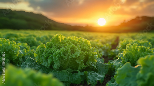 Fototapeta Naklejka Na Ścianę i Meble -  sunset over green field