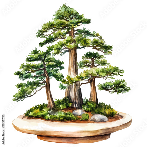 A watercolor of a false cypress bonsai, isolated on a white background. False Cypress Bonsai vector.
