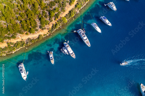 Fototapeta Naklejka Na Ścianę i Meble -  Paradise Bay (Turkish: Cennet Koyu) in Bodrum. Mugla, Turkey. One of the most beautiful bays in Bodrum with blue sea and nature. Drone shot.