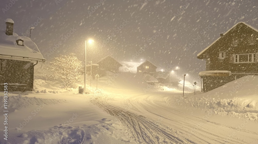 Snowy Village at Night