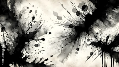 A monochromatic abstract design featuring black ink splatters on a textured gray background.