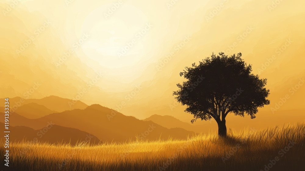 Golden Sunset Landscape with Solitary Tree Golden Sunset Landscape with Solitary Tree