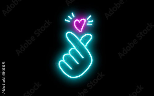 K-POP neon sign. Sign of Finger Heart with colorful neon lights isolated. Finger Heart Neon Sign. Premium K-Pop Heart Hand Led Sign. Hand Heart Gesture Neon Light. Hand Symbol Love lights.