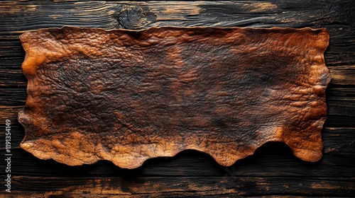 Aged Leather Texture on Rustic Wooden Background photo