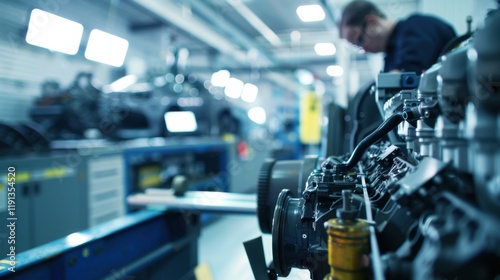 Wallpaper Mural A close-up of a mechanical engineer testing automotive engines in a vehicle testing facility, with dynamometers and diagnostic tools visible, Automotive engine testing scene Torontodigital.ca