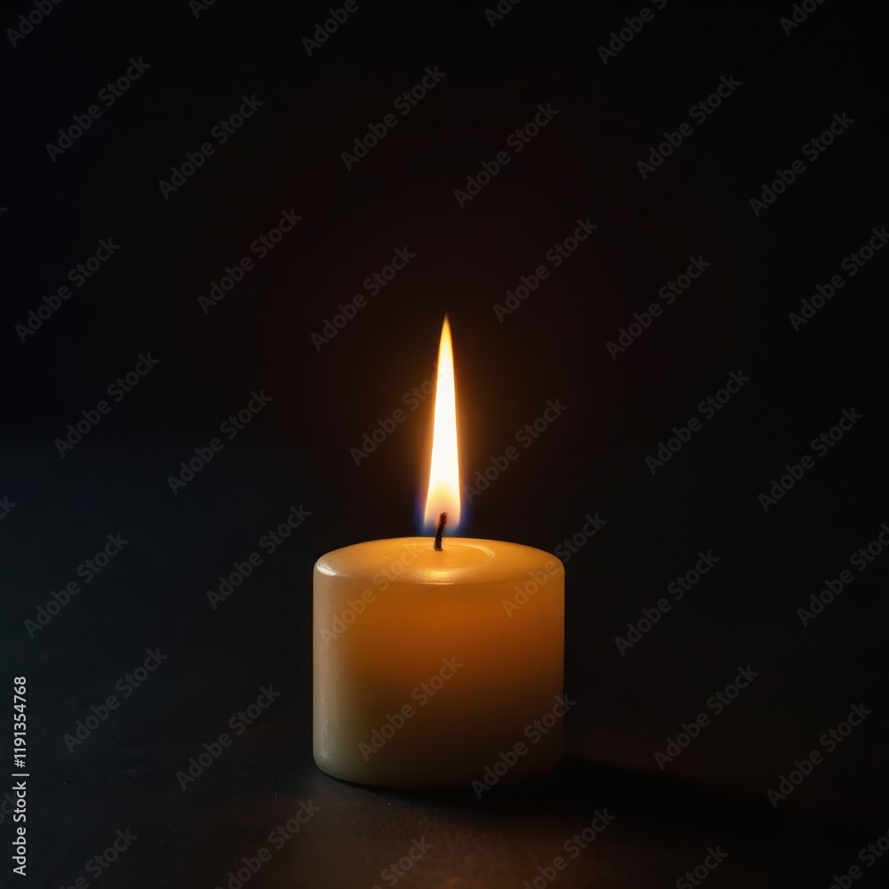 A glowing candle flame pierces the black darkness A glowing candle flame pierces the black darkness
