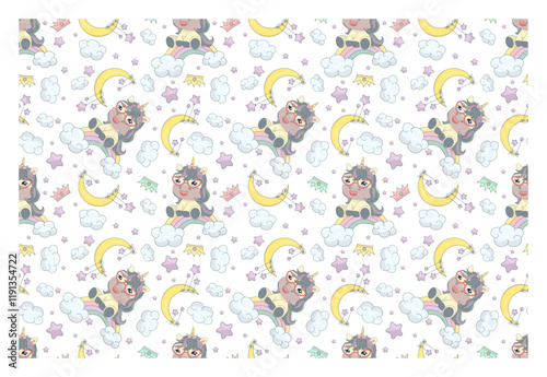 Repeating seamless pattern with adorable unicorn, stars and moon. Design for printing on t-shirt, poster, banner. Beautiful print for t-shirt, shopper, notebooks, covers, posters and cards
