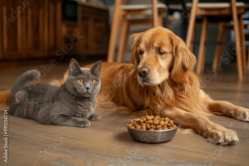 Wallpaper Mural Playful golden retriever dog and british shorthair cat sharing moments at home indoor pet Torontodigital.ca