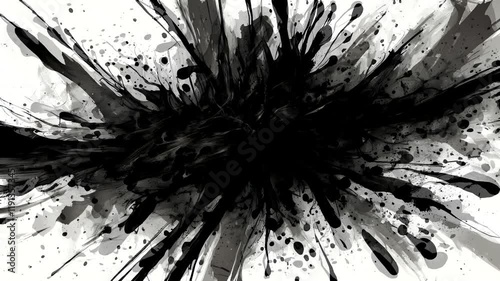 A monochromatic abstract design featuring black ink splatters on a textured gray background.