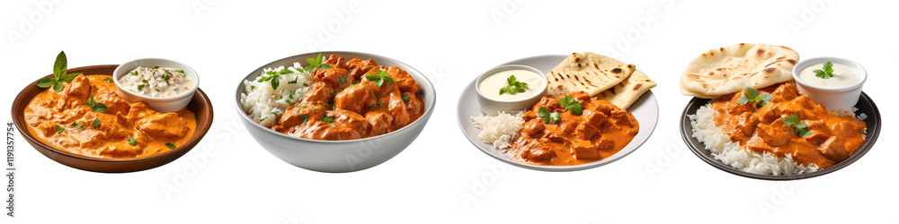 Delicious plate of butter chicken isolated on transparent background, Set of Delicious plate of butter chicken isolated on transparent background, Set of